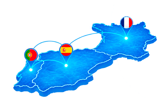 Mapa a realçar Portugal, Espanha e França